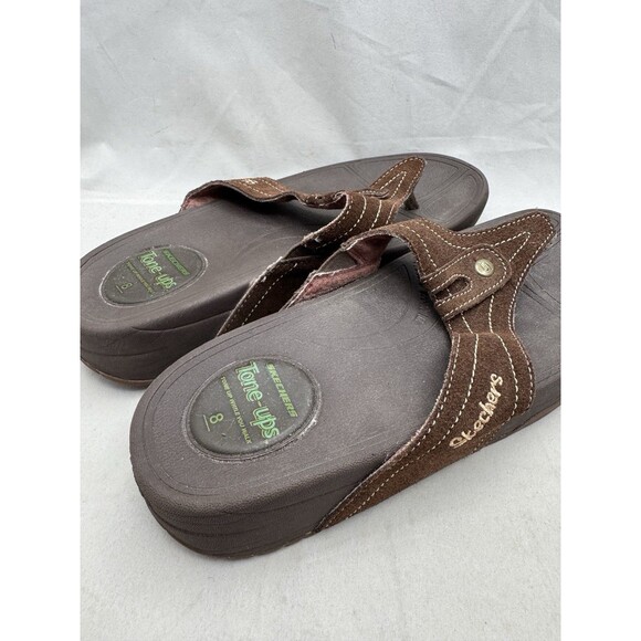 Skechers Tone Ups Womens Size 8 Brown Leather Thong Sandals Flip Flops - Picture 3 of 5